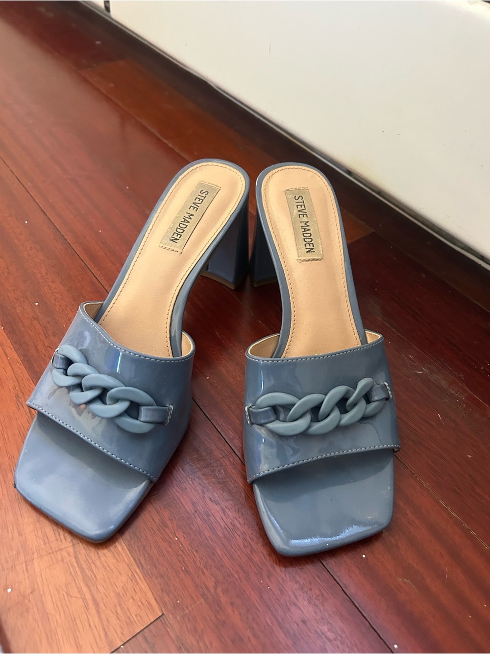 Steve Madden Dusty Blue Patent Chain-Trim Block Heel Mules